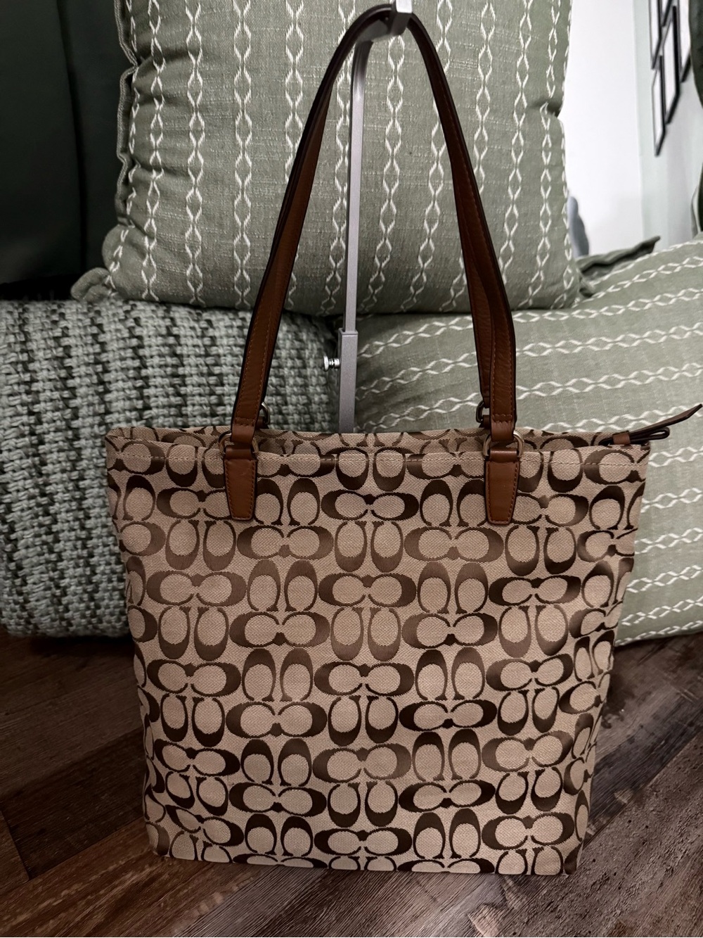 Coach Beige & Brown Signature Tote with Pink Center Panel - Picture 2 of 16